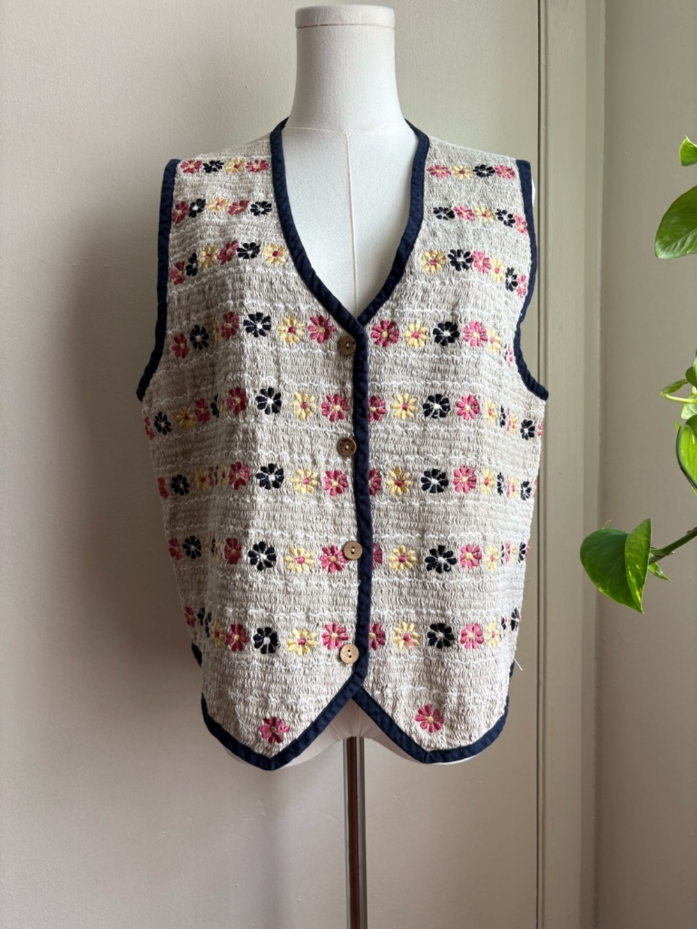 vintage 90s khaki floral embroidered button front vest